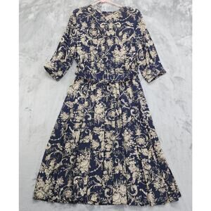 Vintage 80s Pellini by Von Bramlett Dress Size 14 Blue Tan Floral Belted Pleated